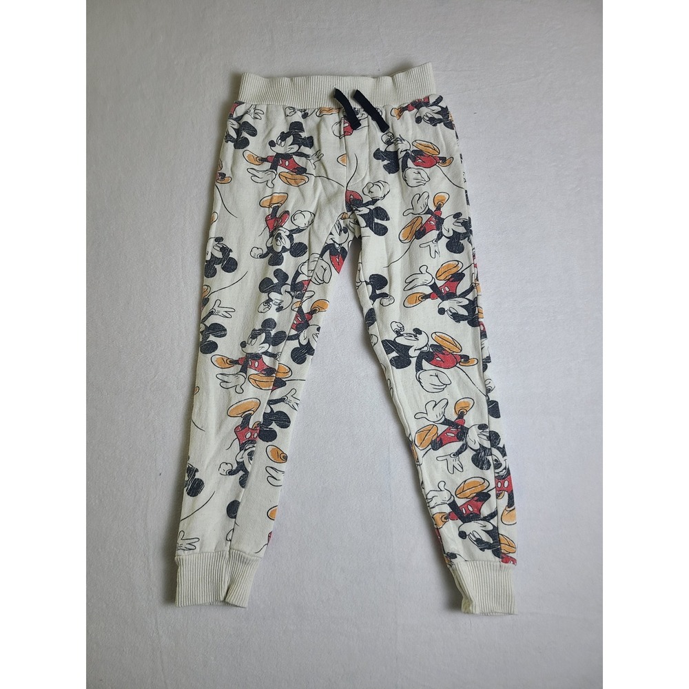 Disney Mickey Mouse Joggers Kids Size 6 Cream All Over Print Fleece Pants
